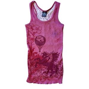 Vtg Klovis Tank Top Lace Back Pegasus Y2K Graphic Size Small